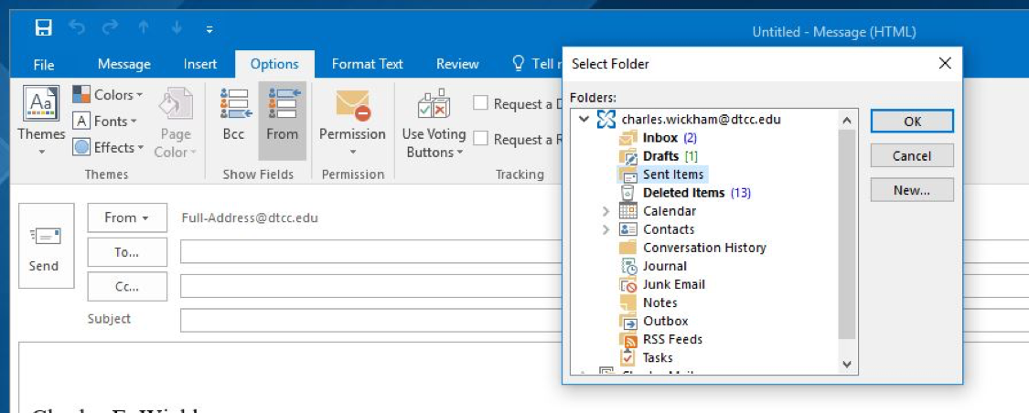 Outlook screen displaying selecting a folder.