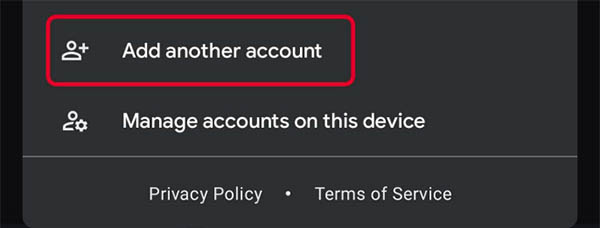 Select add another account below the emails listed