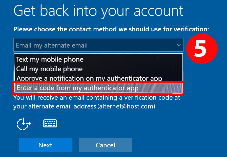 Selecting "Enter a code" method Selecting "Enter a code from my authenticator app. as your verification method