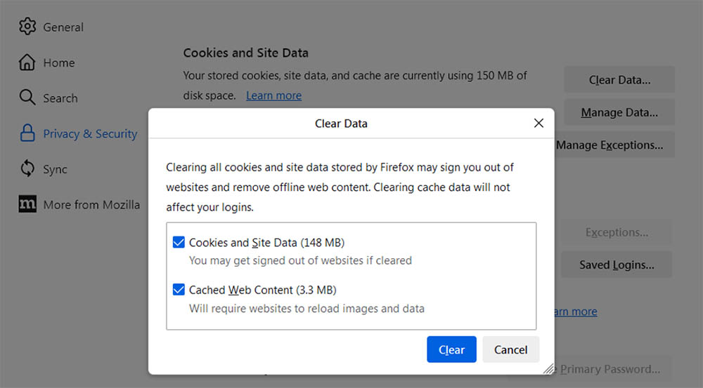 Firefox Clear Data Dialog Box